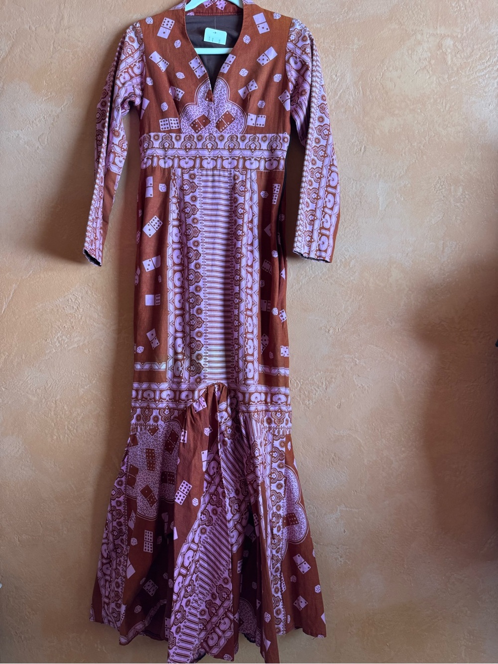 Vintage Novelty Domino & Dice Print Maxi Dress Brown Pink Boho Prairie XS